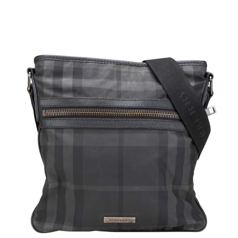 バーバリー チェック ロゴプレート ショルダーバッグ ブラック ナイロン レザー レディース BURBERRY 【中古】