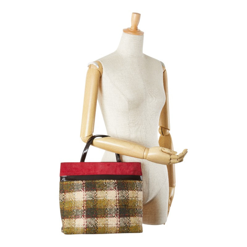バーバリー チェック ハンドバッグ グリーン レッド ブラック ウール エナメル スエード レディース BURBERRY 【中古】