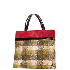 バーバリー チェック ハンドバッグ グリーン レッド ブラック ウール エナメル スエード レディース BURBERRY 【中古】
