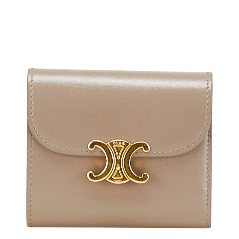 セリーヌ トリオンフ 三つ折り財布 グレージュ レザー レディース CELINE 【中古】