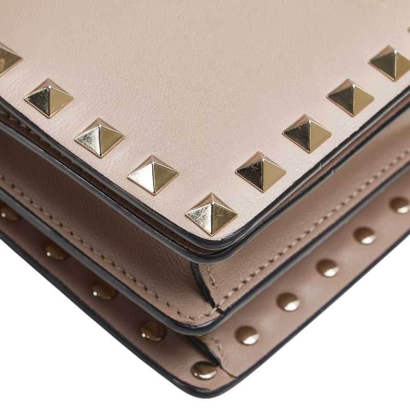 ヴァレンティノ ロックスタッズ チェーンウォレット ショルダーバッグ グレージュ レザー レディース VALENTINO 【中古】