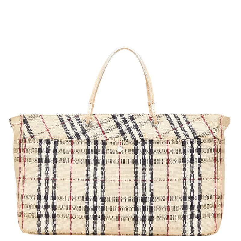 バーバリー ノバチェック トートバッグ ハンドバッグ ベージュ キャンバス レザー レディース BURBERRY 【中古】