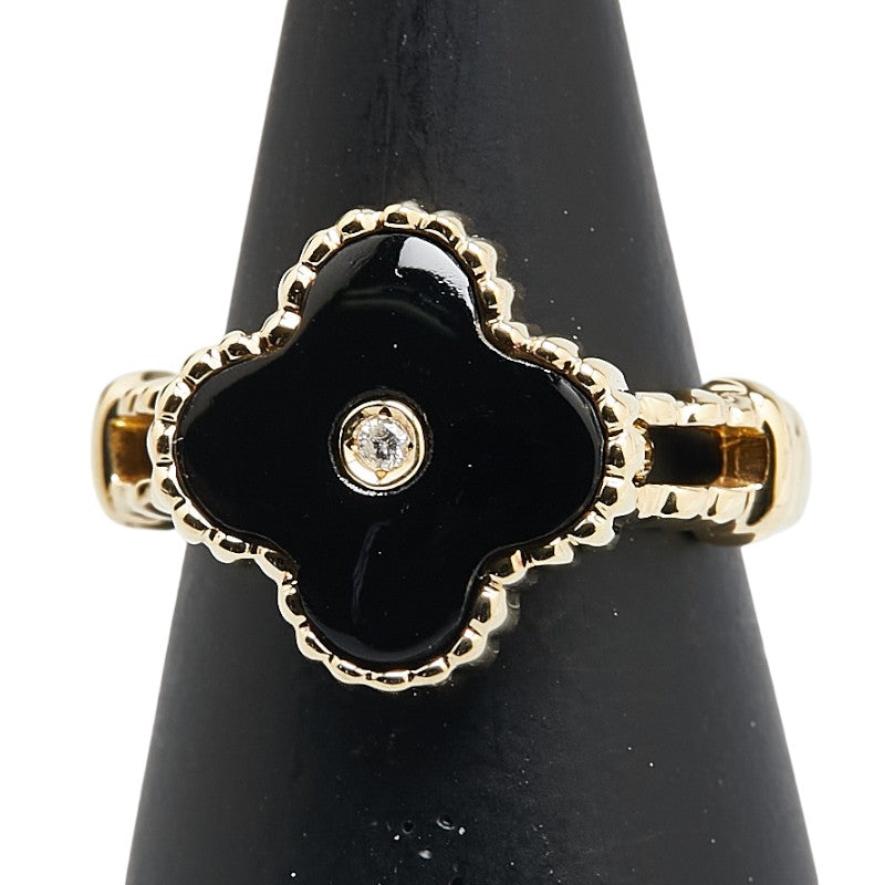 ブラック K18YG イエローゴールド オニキス ダイヤ0.02ct クローバー モチーフ リング 指輪 レディース 11号 【中古】