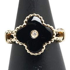 ブラック K18YG イエローゴールド オニキス ダイヤ0.02ct クローバー モチーフ リング 指輪 レディース 11号 【中古】