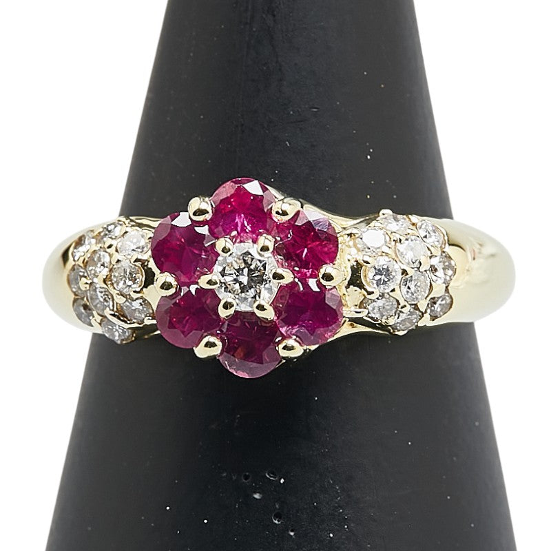 K18YG イエローゴールド ルビー0.70ct ダイヤ0.40ct フラワー モチーフ リング 指輪 レディース 13.5号 【中古】