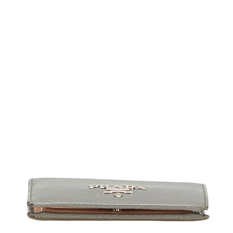 プラダ ロゴ 二つ折り財布 グレー レザー レディース PRADA 【中古】