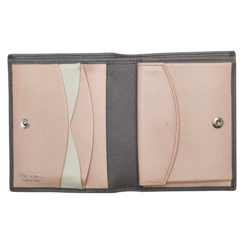 プラダ ロゴ 二つ折り財布 グレー レザー レディース PRADA 【中古】