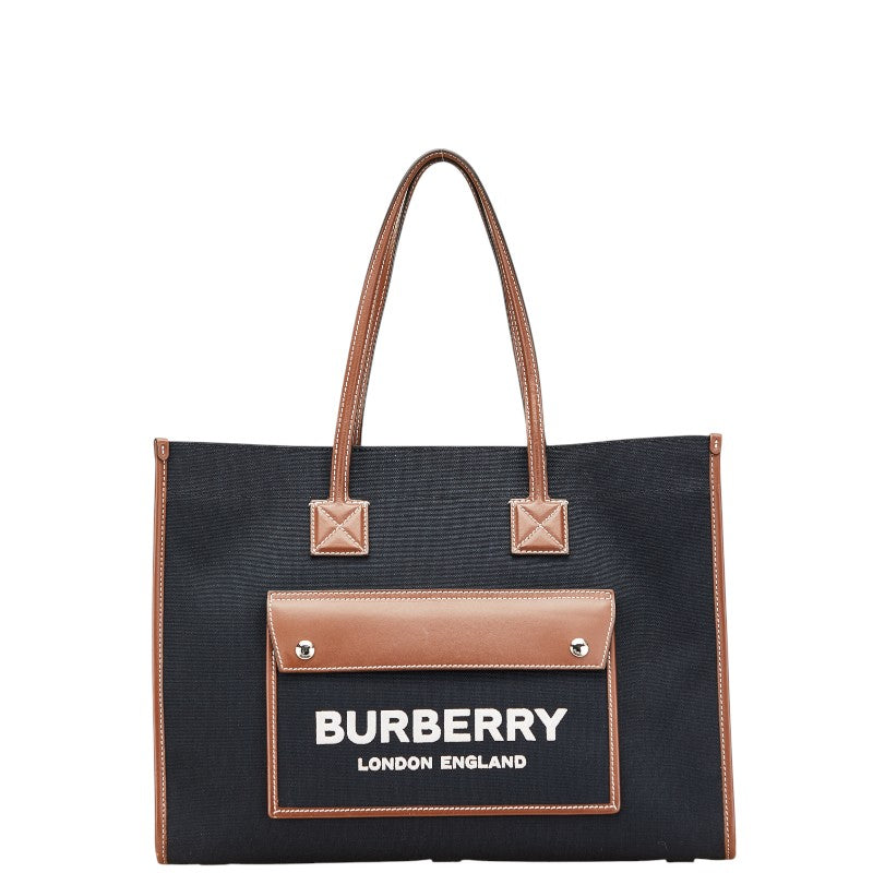 バーバリー フレヤ トートバッグ ブラック ブラウン キャンバス レザー レディース BURBERRY 【中古】