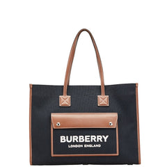 バーバリー フレヤ トートバッグ ブラック ブラウン キャンバス レザー レディース BURBERRY 【中古】