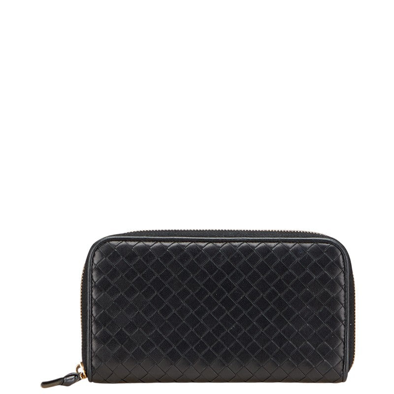ボッテガヴェネタ イントレチャート ラウンドファスナー 長財布 ブラック レザー レディース BOTTEGAVENETA 【中古】