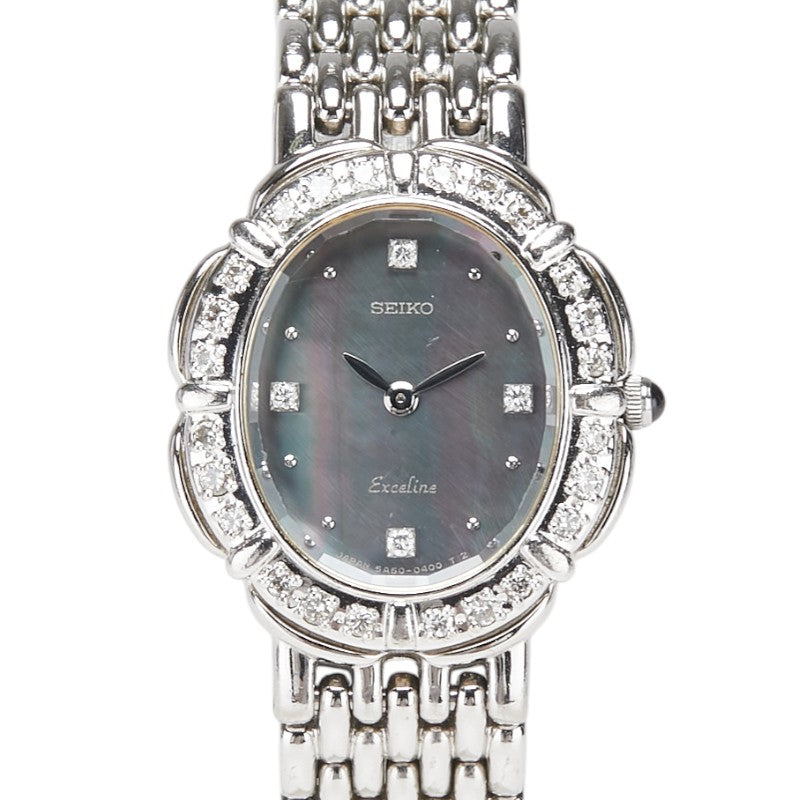 セイコー エクセリーヌ ダイヤベゼル 4Pダイヤ 腕時計 5A50-5190 クオーツ シルバー文字盤 ステンレススチール レディース SEIKO 【中古】