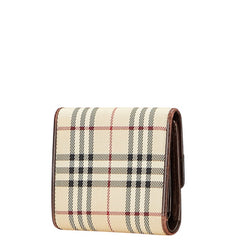 バーバリー ノバチェック 二つ折り財布 ベージュ ブラウン キャンバス レザー レディース BURBERRY 【中古】