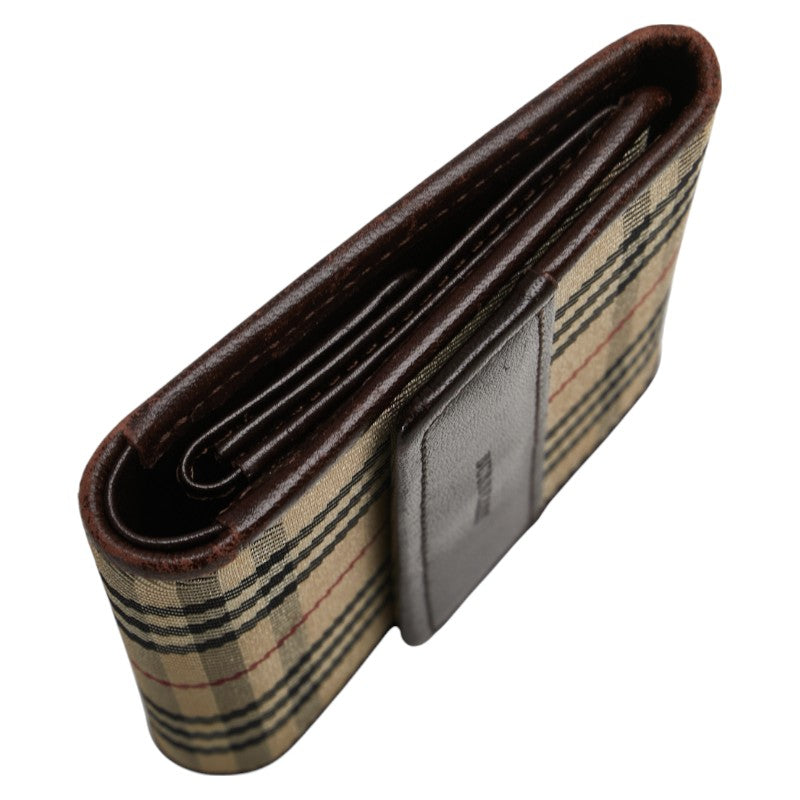 バーバリー ノバチェック 二つ折り財布 ベージュ ブラウン キャンバス レザー レディース BURBERRY 【中古】