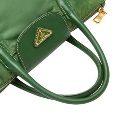 プラダ 三角ロゴプレート ハンドバッグ グリーン ナイロン サフィアーノレザー レディース PRADA 【中古】