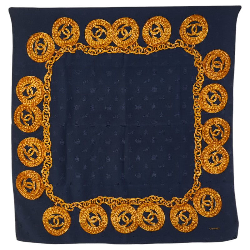 シャネル ココマーク ラウンド チェーン スカーフ ネイビー ゴールド シルク レディース CHANEL 【中古】