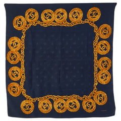 シャネル ココマーク ラウンド チェーン スカーフ ネイビー ゴールド シルク レディース CHANEL 【中古】