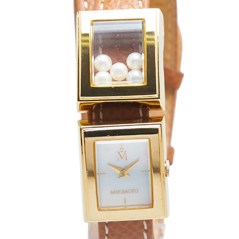 ミキモト マルチフォームウォッチ 2連ベルト 腕時計 クオーツ ホワイト文字盤 レザー フェイクパール レディース MIKIMOTO 【中古】
