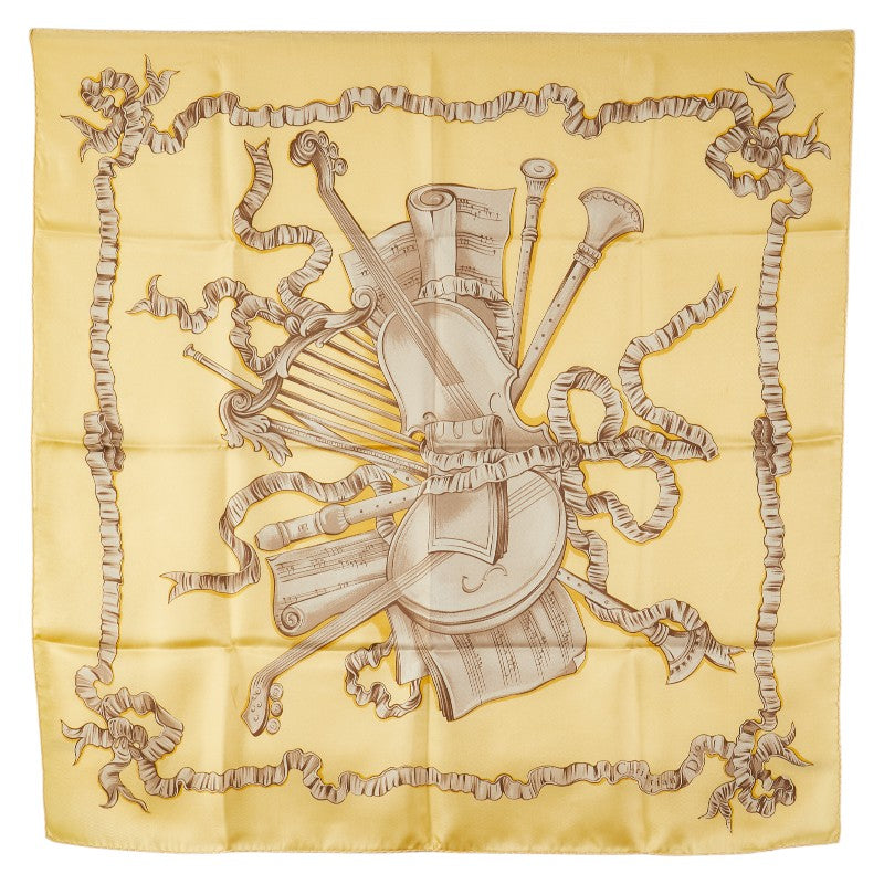 ディオール 楽器 モチーフ スカーフ イエロー ブラウン シルク レディース Dior 【中古】