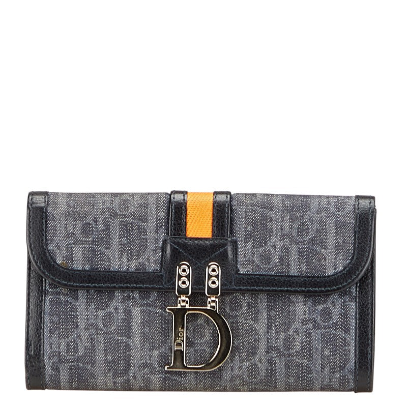 ディオール トロッター フライトライン 二つ折り財布 ブラック グレー デニム レザー レディース Dior 【中古】