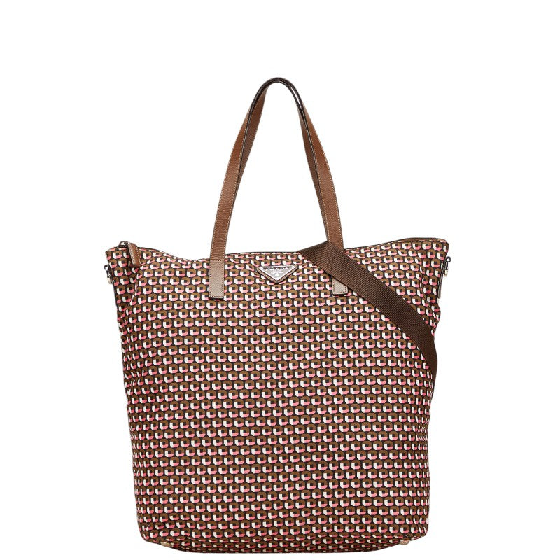 プラダ 三角ロゴプレート トートバッグ ショルダーバッグ 2WAY BR4696 ブラウン ピンク ナイロン レザー レディース PRADA 【中古】