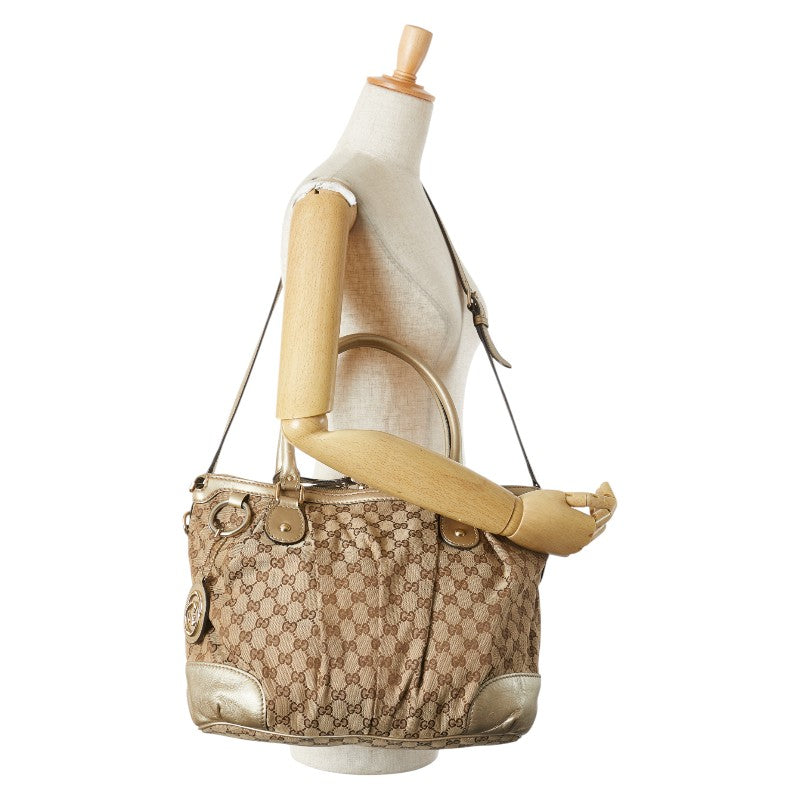 グッチ GGキャンバス ハンドバッグ ショルダーバッグ 2WAY 285730 ベージュ シャンパンゴールド キャンバス レザー レディース GUCCI 【中古】