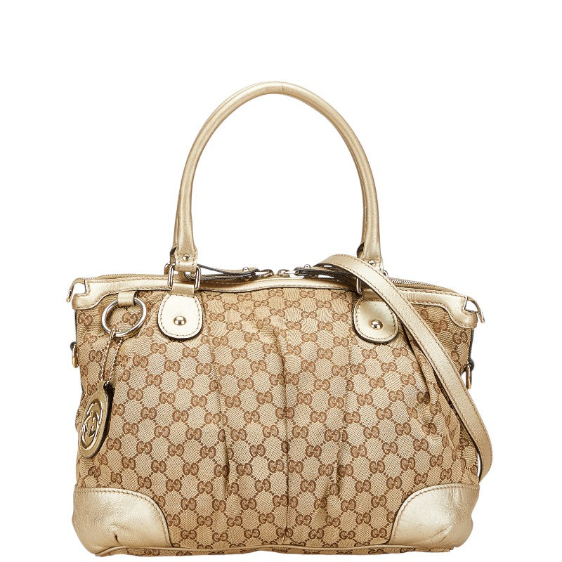 グッチ GGキャンバス ハンドバッグ ショルダーバッグ 2WAY 285730 ベージュ シャンパンゴールド キャンバス レザー レディース GUCCI 【中古】