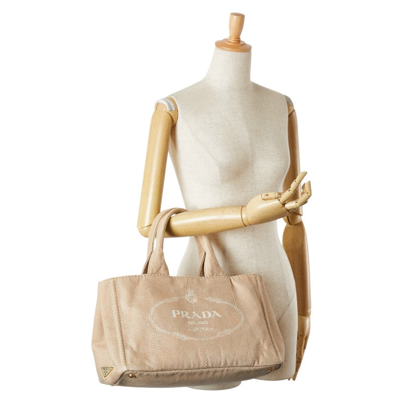 プラダ 三角ロゴプレート カナパM ハンドバッグ トートバッグ ベージュ キャンバス レディース PRADA 【中古】