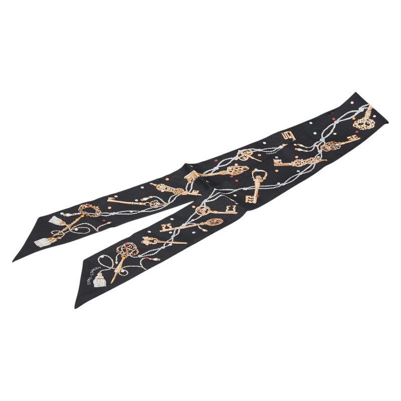 エルメス ツイリー Les Cles a Pois レクレアポア スカーフ ブラック ブラウン マルチカラー シルク レディース HERMES 【中古】