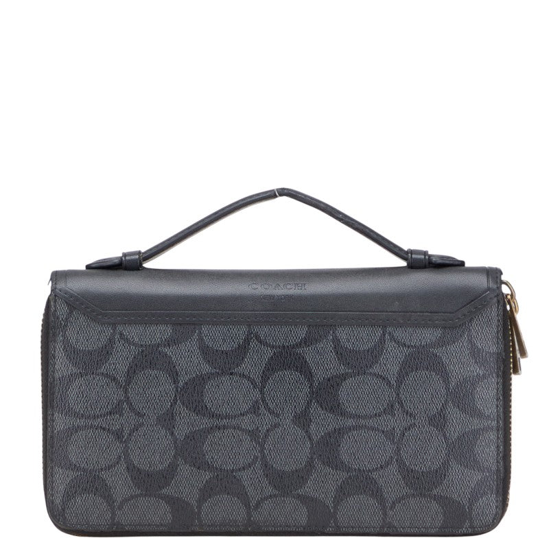 コーチ シグネチャー トラベルオーガナイザー 長財布 ブラック グレー PVC レザー レディース COACH 【中古】