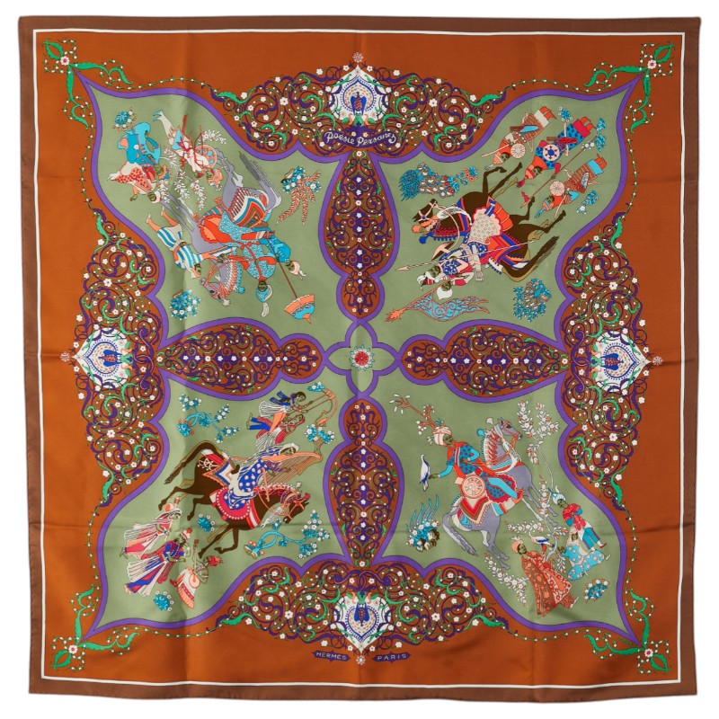 エルメス カレ90 POEIE PERSANE ペルシャの詩 スカーフ グリーン ブラウン マルチカラー シルク レディース HERMES 【中古】