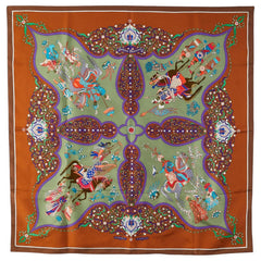 エルメス カレ90 POEIE PERSANE ペルシャの詩 スカーフ グリーン ブラウン マルチカラー シルク レディース HERMES 【中古】