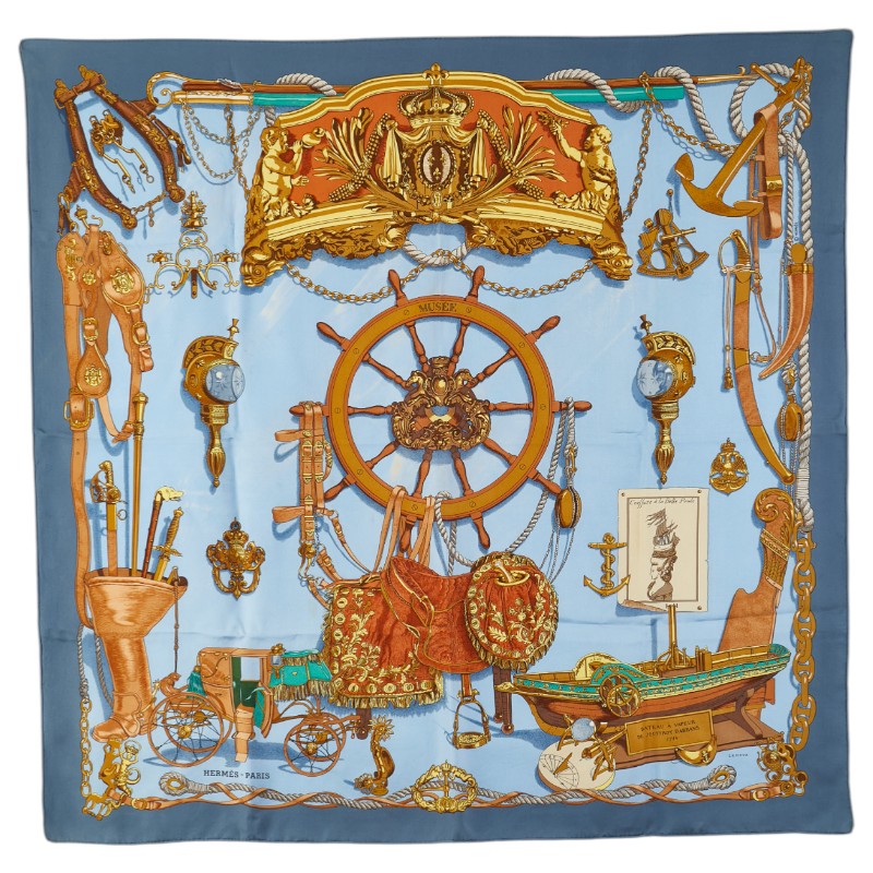 エルメス カレ90 BATEAU A VAPEUR DE JOUFFROY DABBANS 1784 蒸気船 スカーフ ブルー ブラウン マルチカラー シルク レディース HERMES 【中古】