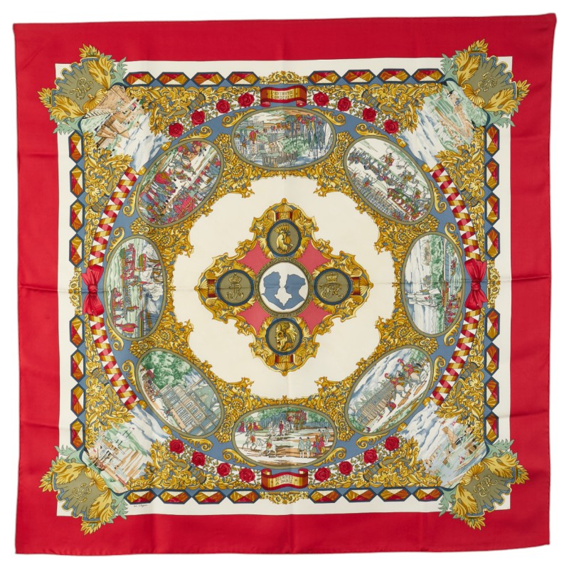 エルメス カレ90 LENTENTE CORDIALE 仏英同盟 スカーフ レッド ベージュ マルチカラー シルク レディース HERMES 【中古】