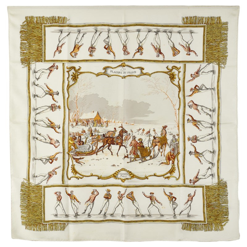 エルメス カレ90 LES PLAISIRS DU FROID 氷上の喜び スカーフ ホワイト ゴールド マルチカラー シルク レディース HERMES 【中古】
