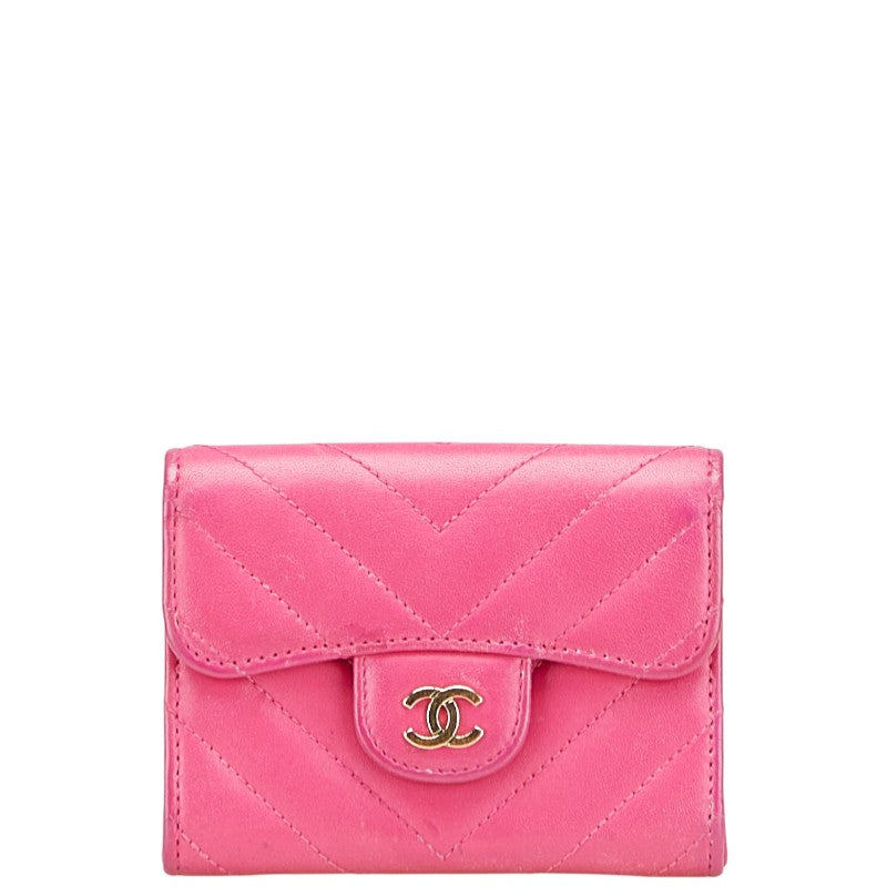 シャネル ココマーク Vステッチ コインケース カードケース ピンク ラムスキン レディース CHANEL 【中古】