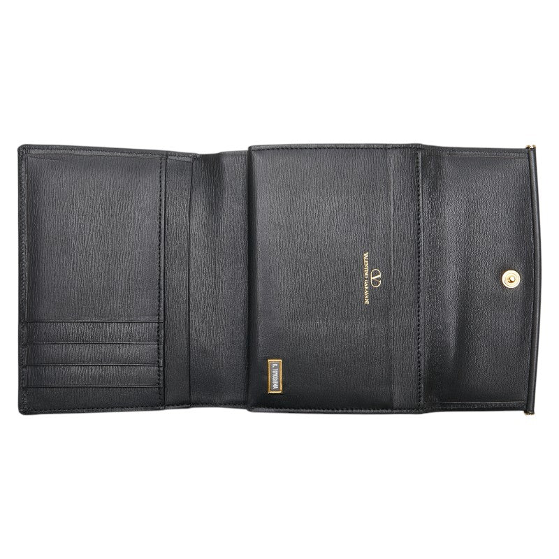 ヴァレンティノ Vロゴ がま口 二つ折り財布 ブラック レザー レディース VALENTINO 【中古】
