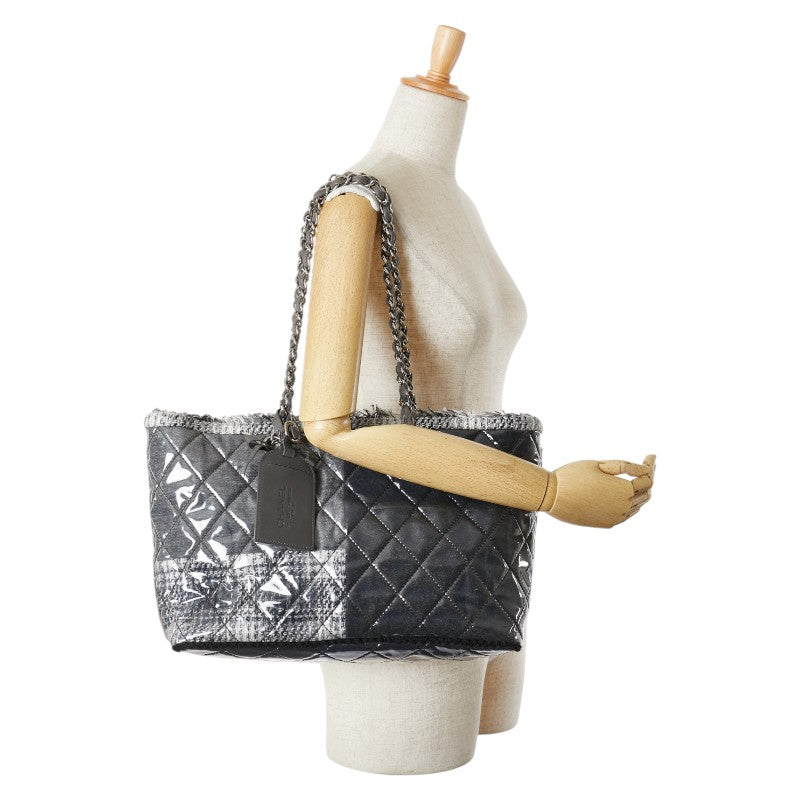 シャネル マトラッセ トートバッグ ハンドバッグ ブラック グレー ビニール ツイード レディース CHANEL 【中古】