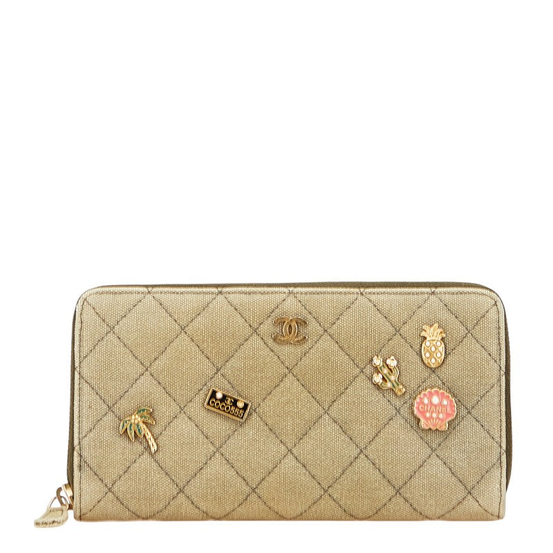 シャネル ココマーク パイナップル 貝殻 ヤシの木 モチーフ 長財布 ラウンドファスナー カーキ ゴールド キャンバス レディース CHANEL 【中古】