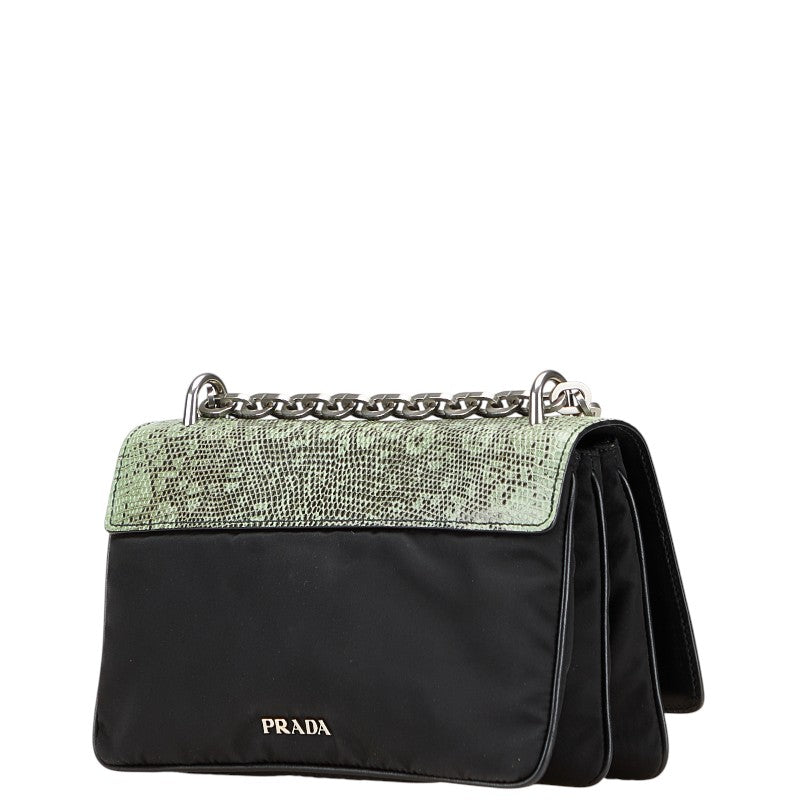 プラダ パイソン型押し チェーン ショルダーバッグ ハンドバッグ ブラック グリーン ナイロン レザー レディース PRADA 【中古】