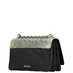 プラダ パイソン型押し チェーン ショルダーバッグ ハンドバッグ ブラック グリーン ナイロン レザー レディース PRADA 【中古】