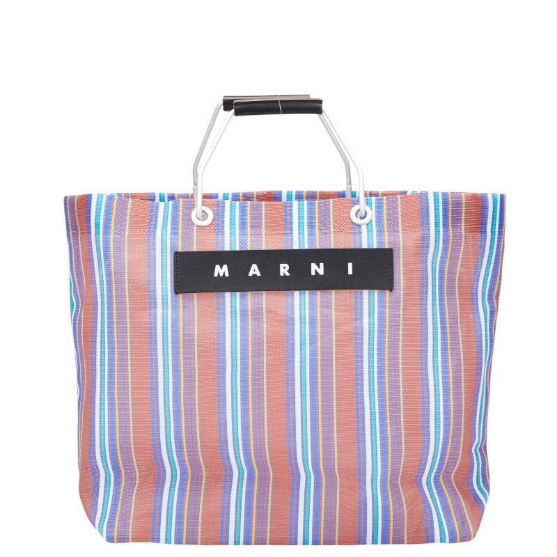 マルニ フラワーカフェ マーケット ストライプ トートバッグ ハンドバッグ レッド ブルー マルチカラー ナイロン レザー レディース MARNI 【中古】