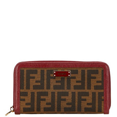 フェンディ ズッカ 長財布 ラウンドファスナー 8M0024 ブラウン ワインレッド キャンバス レザー レディース FENDI 【中古】