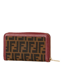 フェンディ ズッカ 長財布 ラウンドファスナー 8M0024 ブラウン ワインレッド キャンバス レザー レディース FENDI 【中古】