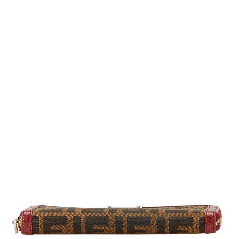 フェンディ ズッカ 長財布 ラウンドファスナー 8M0024 ブラウン ワインレッド キャンバス レザー レディース FENDI 【中古】