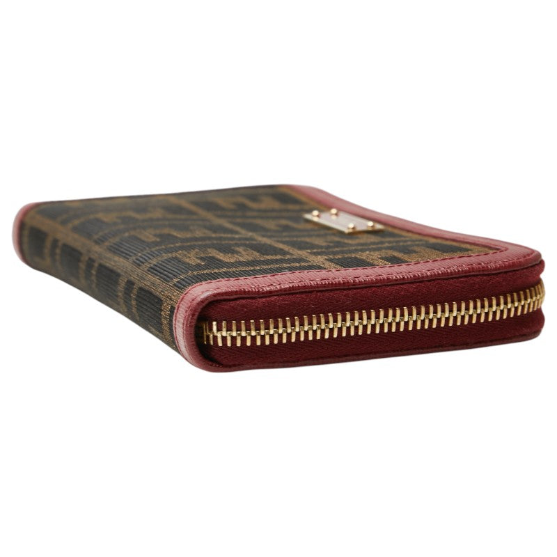 フェンディ ズッカ 長財布 ラウンドファスナー 8M0024 ブラウン ワインレッド キャンバス レザー レディース FENDI 【中古】