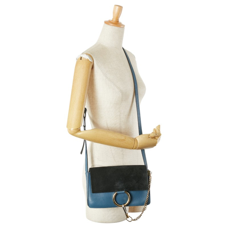 クロエ ロゴ ショルダーバッグ ブルー ブラック レザー スエード レディース Chloe 【中古】