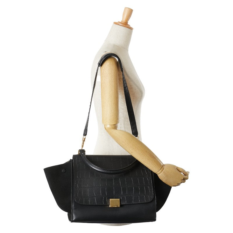 セリーヌ トラペーズ クロコ型押 ハンドバッグ ショルダーバッグ 2WAY ブラック レザー レディース CELINE 【中古】