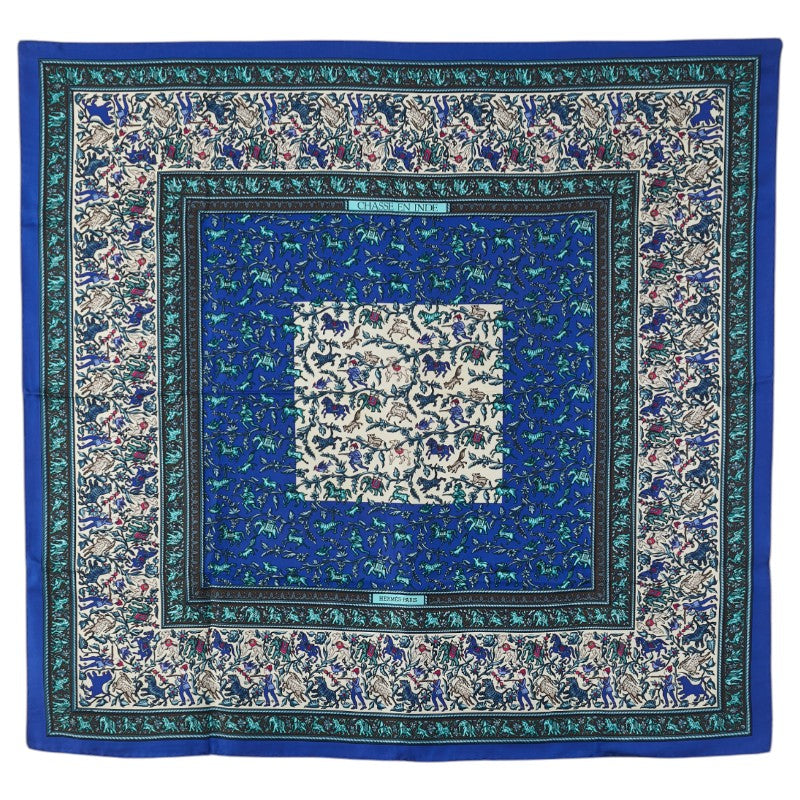 エルメス カレ90 CHASSE EN INDE インドの狩猟 スカーフ ブルー ホワイト マルチカラー シルク レディース HERMES 【中古】