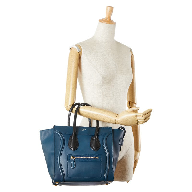 セリーヌ ラゲージ マイクロショッパー ハンドバッグ トートバッグ ネイビー ブラック レザー レディース CELINE 【中古】