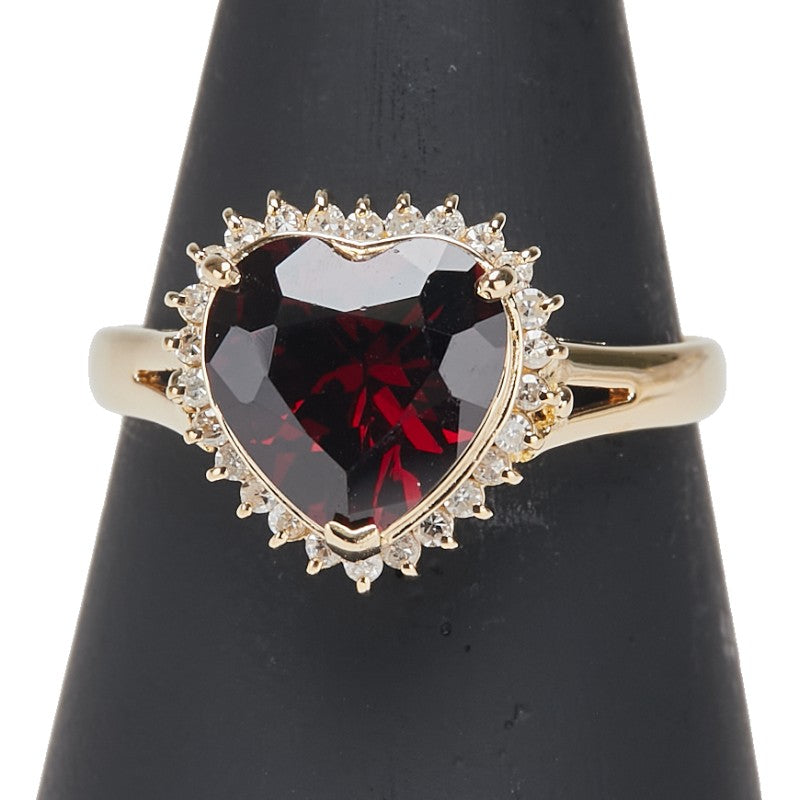 K18YG イエローゴールド ガーネット ダイヤ0.17ct ハート モチーフ リング 指輪 レディース 15号 【中古】